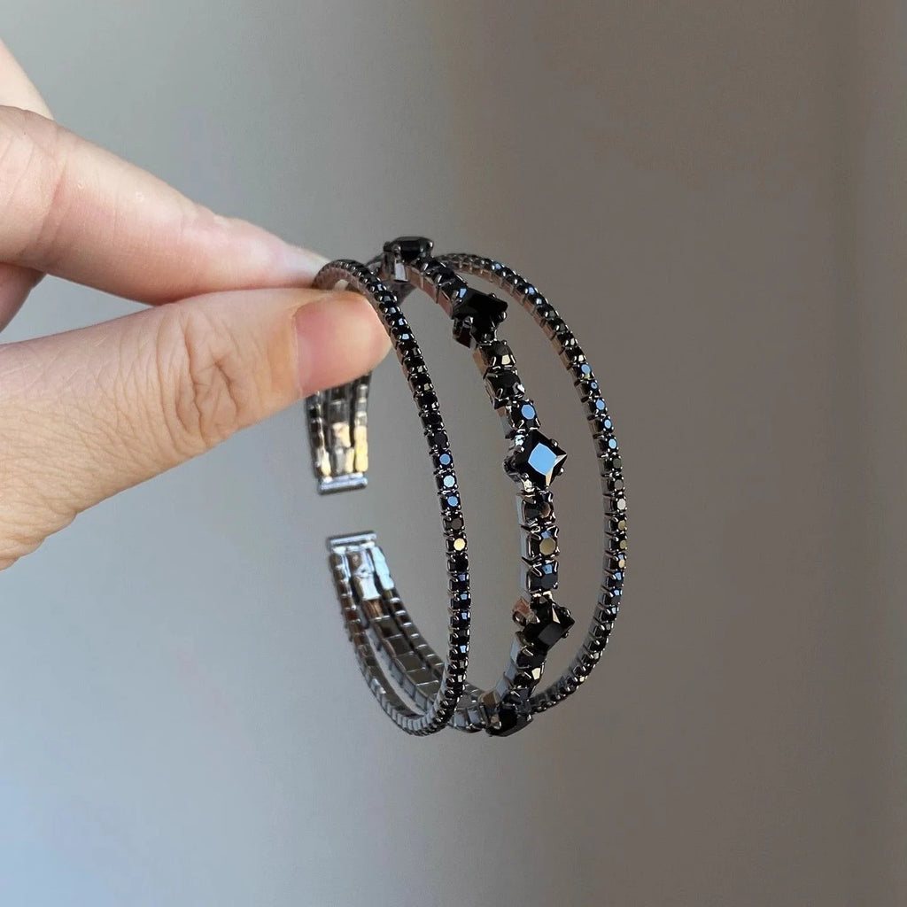 Black Rhinestone 3-Layer Open Bangle