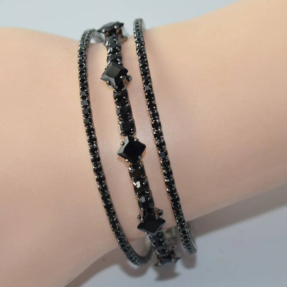 Black Rhinestone 3-Layer Open Bangle