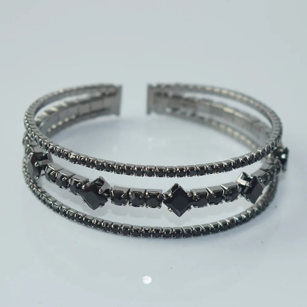 Black Rhinestone 3-Layer Open Bangle