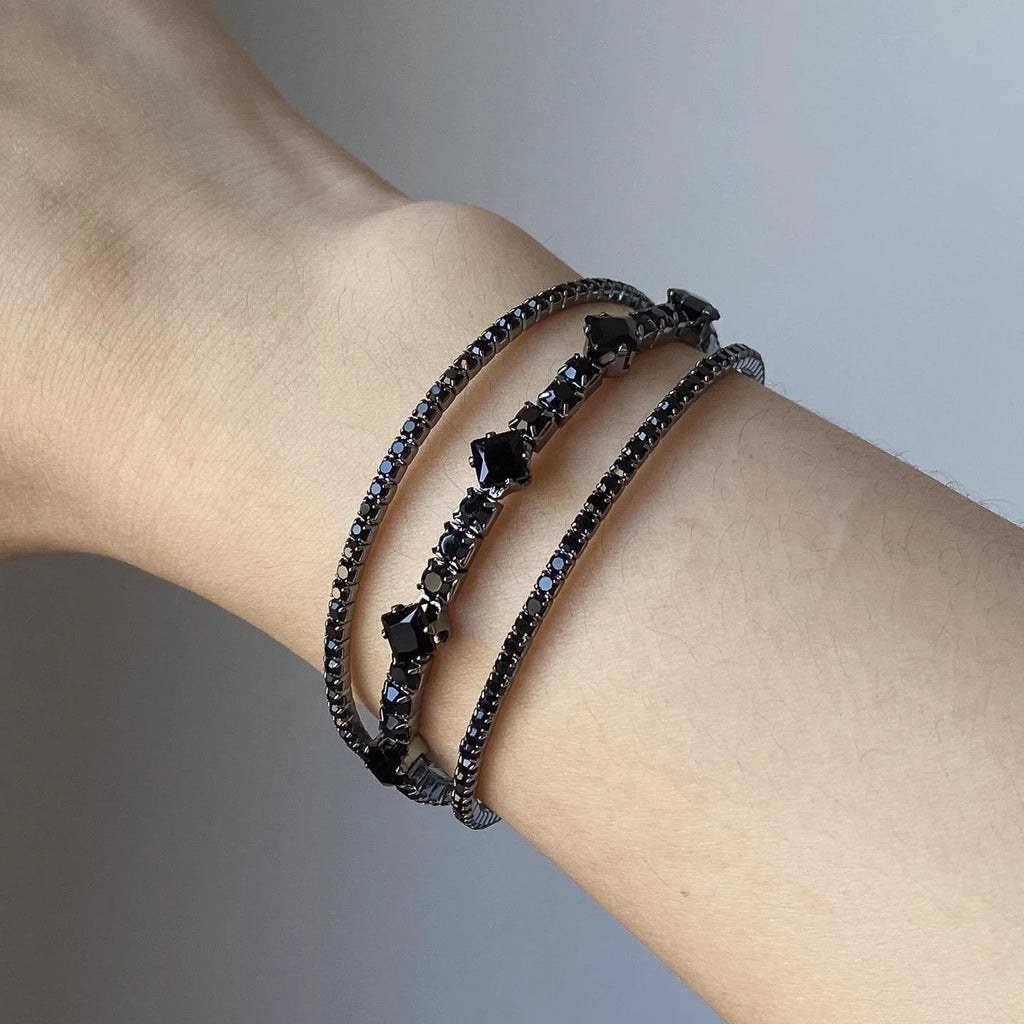 Black Rhinestone 3-Layer Open Bangle