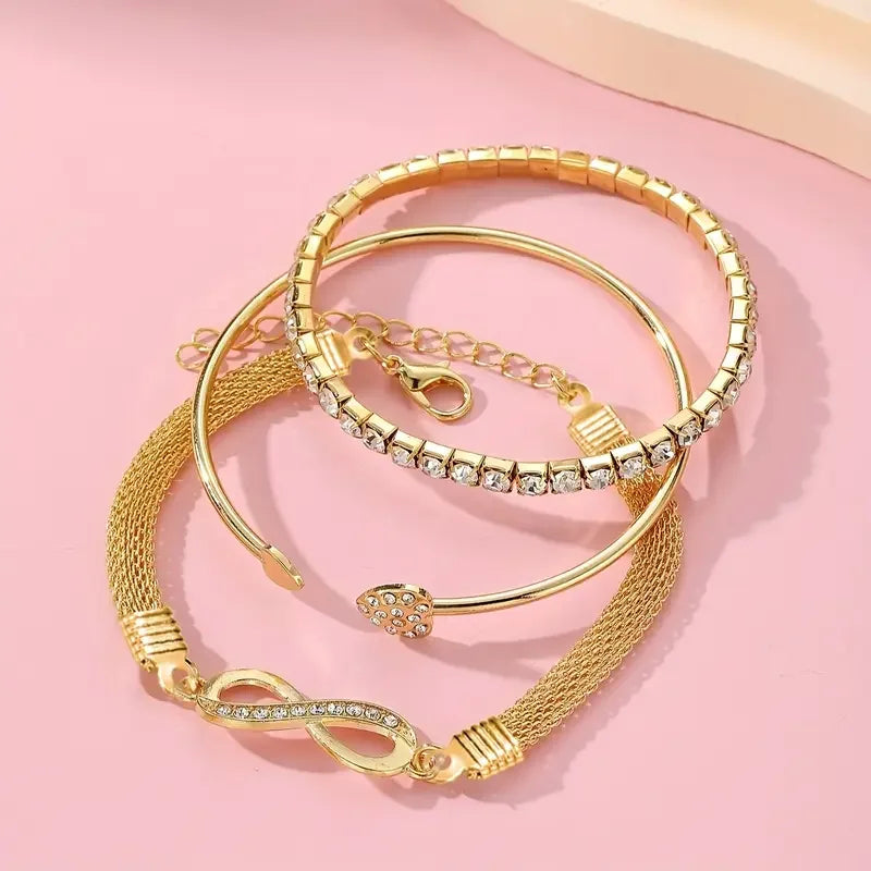 Vintage Crystal Heart Bracelet Set – 3PCS