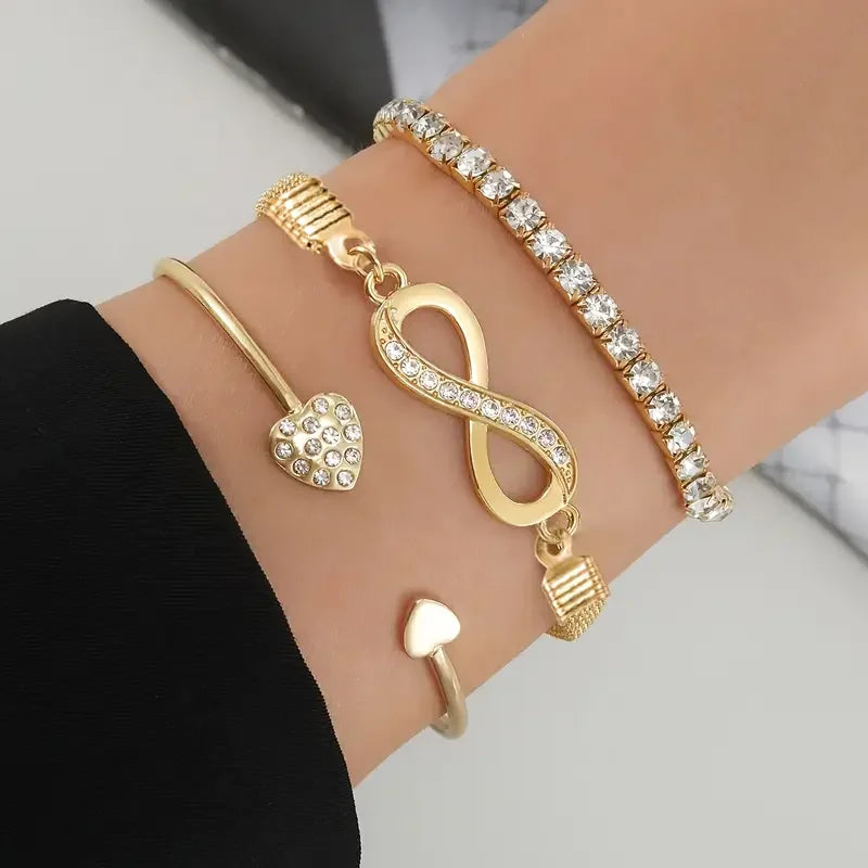 Vintage Crystal Heart Bracelet Set – 3PCS