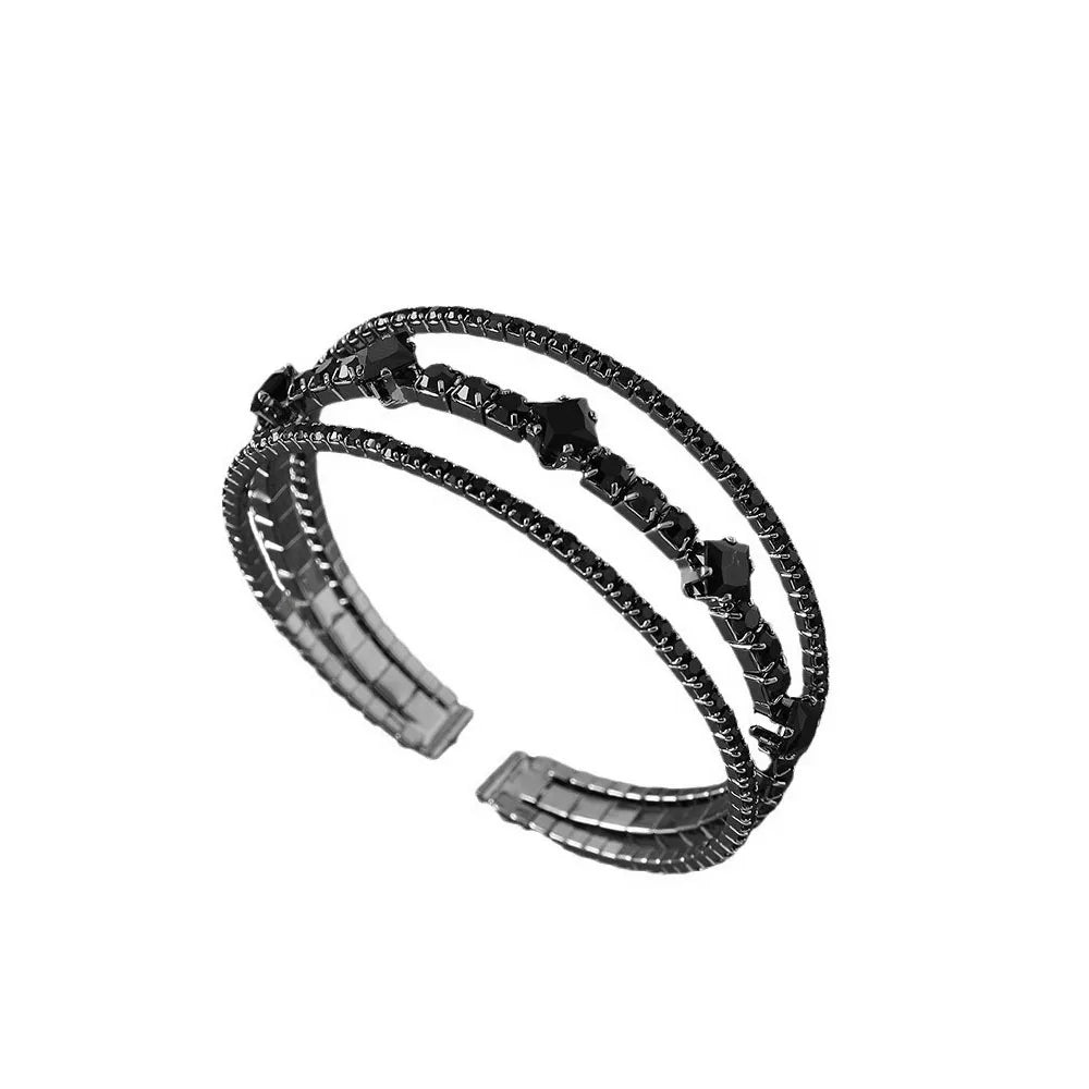 Black Rhinestone 3-Layer Open Bangle
