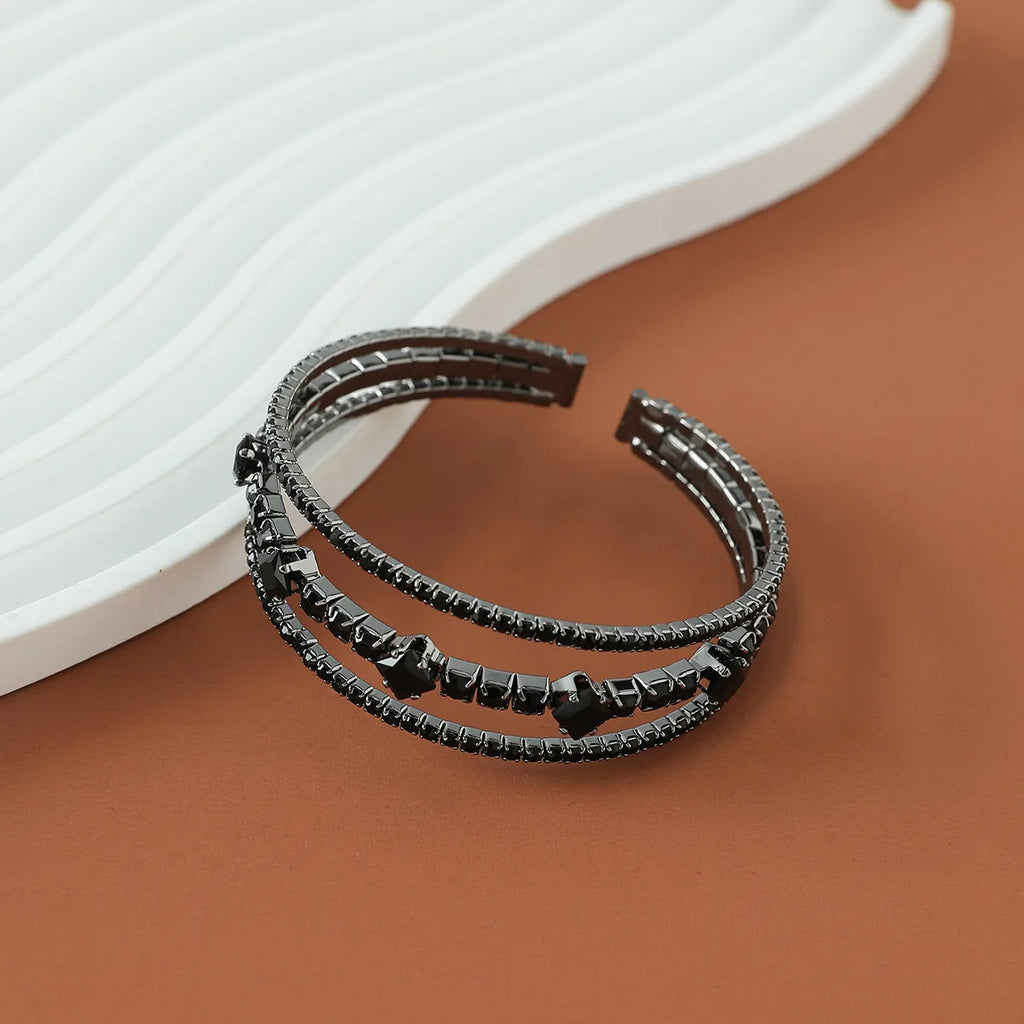 Black Rhinestone 3-Layer Open Bangle